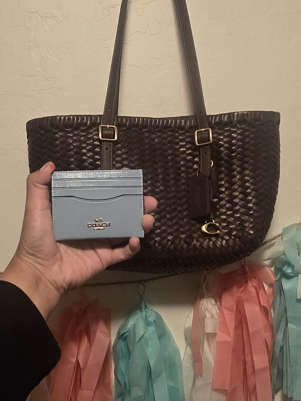 Coach Light Blue Card Case with Chocolate Brown Woven Tote